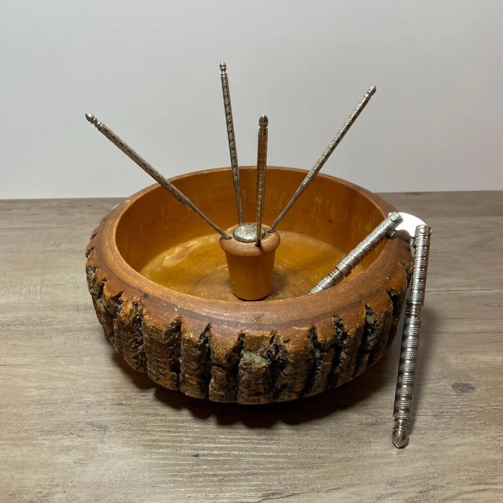 Wooden Nut Bowl with Cracker and Picks Christmas Xmas Party Serving